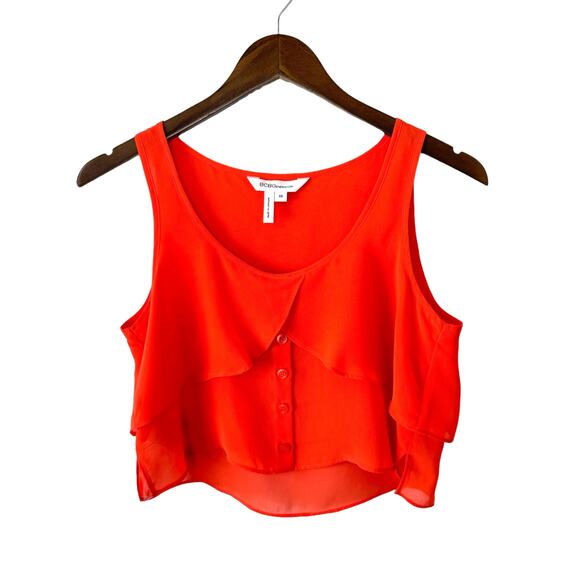 BCBGeneration NWOT Orange Flowy Layered Button Up Crop Top Sheer Tank - Picture 5 of 13